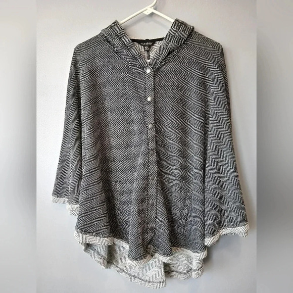 Lucky Brand Sweaters - Lucky Brand hooded poncho size M/L black white herringbone pattern pockets